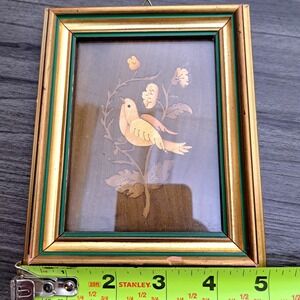 Vintage Marquetry Inlaid Wood Framed Art Bird Floral Made in Italy Certificate